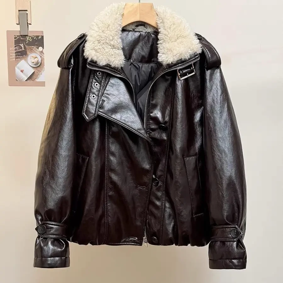 韩版短款立领宽松加厚拼接毛领皮衣冬季新款防寒保暖外套