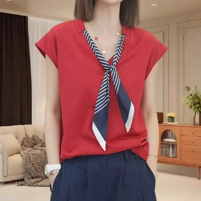 大码红色气质丝巾短袖T恤女2025夏季新款宽松时尚百搭小飞袖上衣