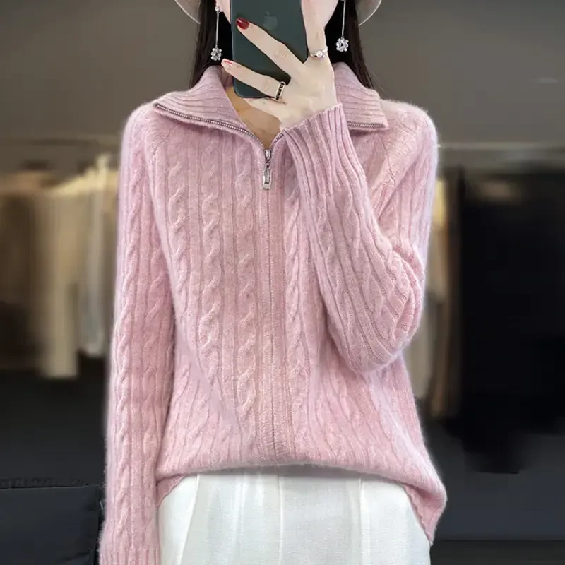 100%针织衫女士时尚麻花拉链开衫百搭宽松纯色上衣开衫