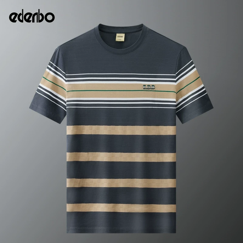 【商场同款】爱登堡条纹t恤男士短袖夏季25新款撞色圆领莱赛尔体恤