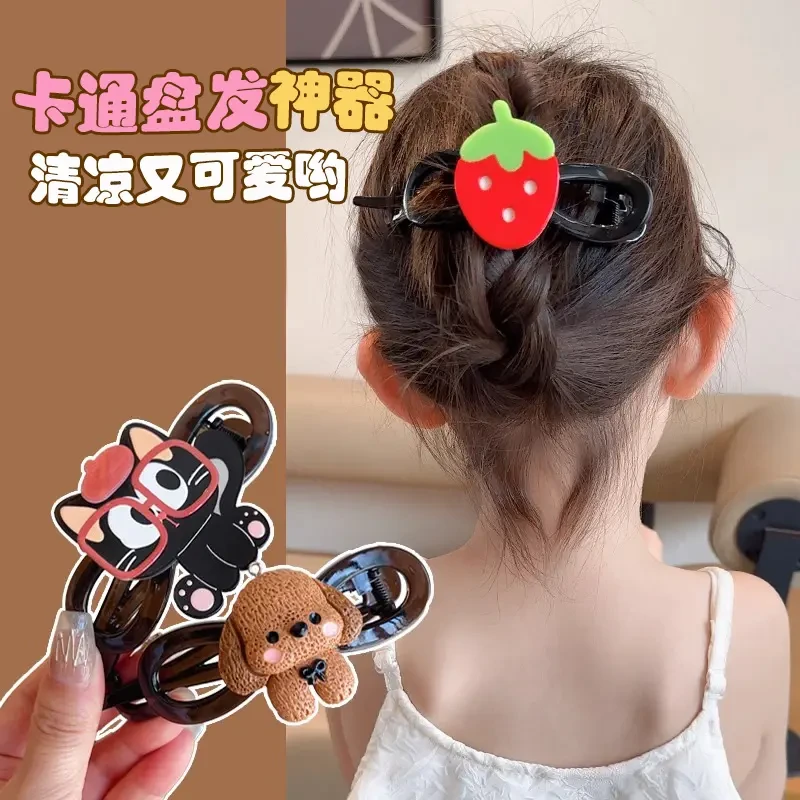 可爱卡通一字抓夹女儿童发饰2025新款草莓扭扭发夹后脑勺鲨鱼夹子