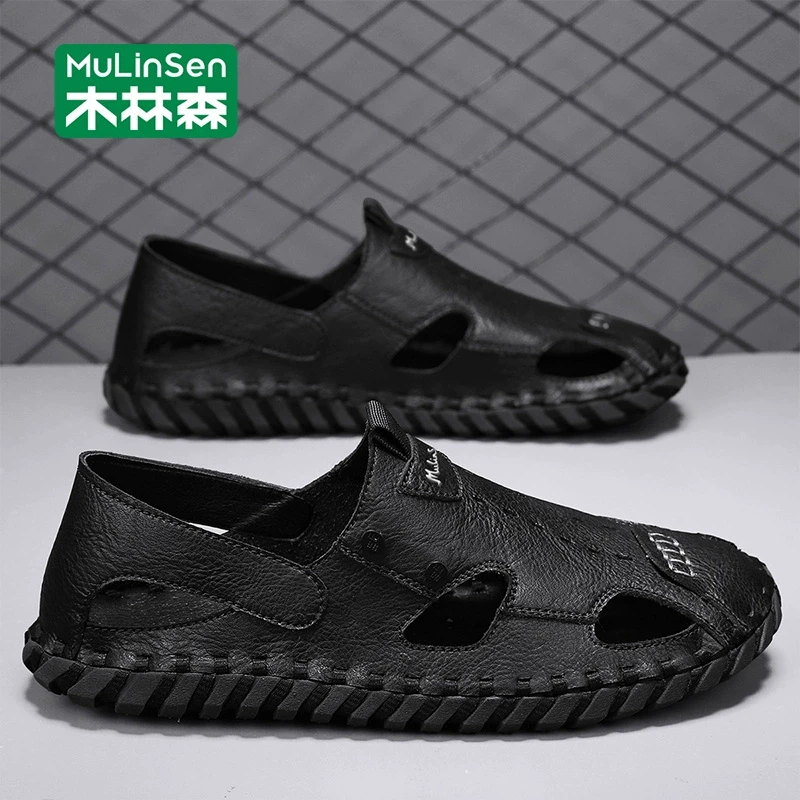 木林森包头凉鞋男款夏季外穿防滑沙滩涉水洞洞鞋男运动开车皮凉拖
