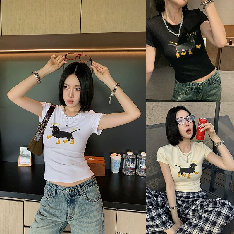 十三粥私服 黄靴小狗 圆领印花短袖夏修身显瘦小众时髦短款T恤女