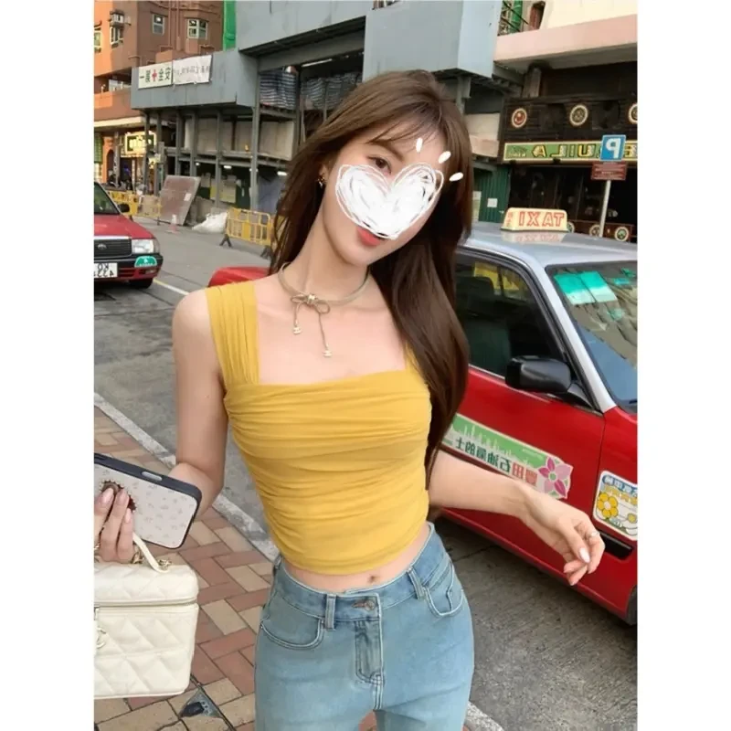 纯欲辣妹超弹网纱设计感修身显瘦休闲百搭方领抽皱裹胸吊带背心女