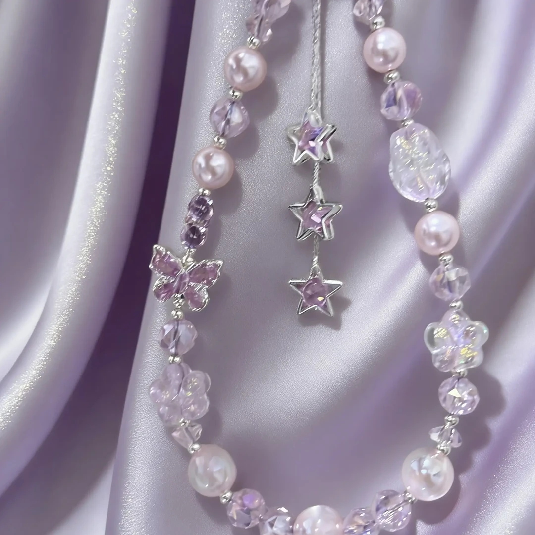 时尚水晶串珠手机链*223粉色流苏星星^
