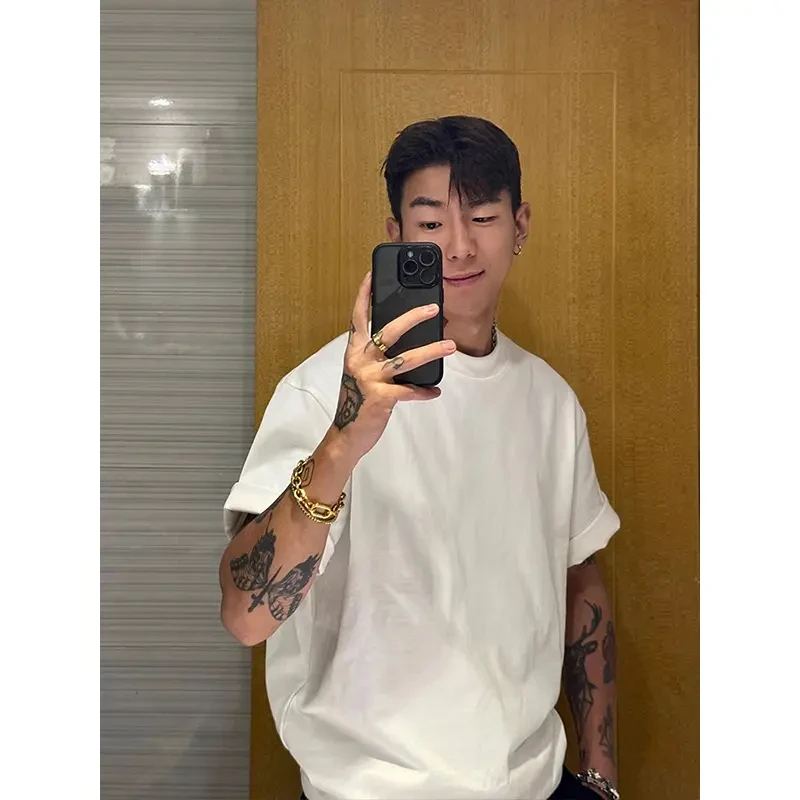 纯白色240g重磅正肩T恤男夏季基础款美式短袖精梳纯棉五分半截袖