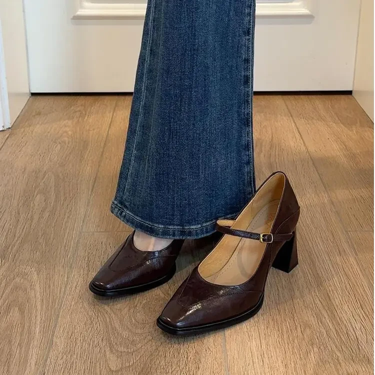 法式高跟玛丽珍鞋女配裙子气质一字扣带百搭粗跟方头秋季浅口单鞋