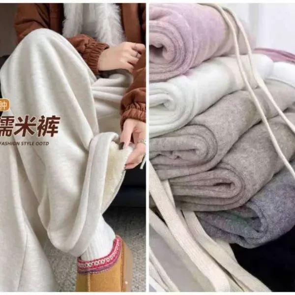 秋冬加绒米杏色高腰垂感小个子休闲糯米阔腿裤