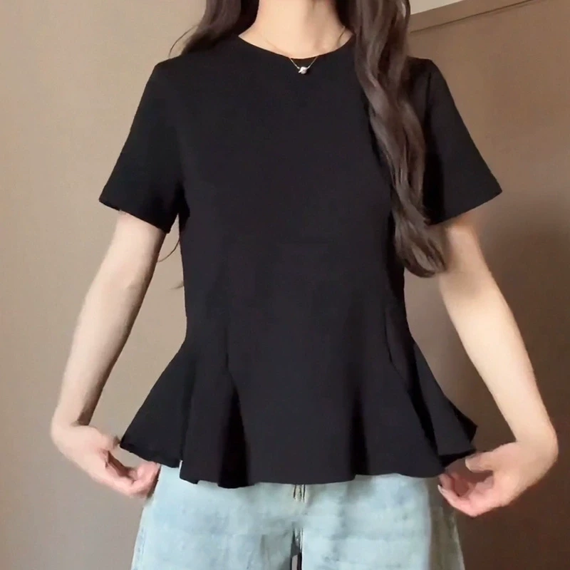 【6651】大码女装胖mm韩系荷叶边下摆短袖T恤夏季显瘦正肩上衣