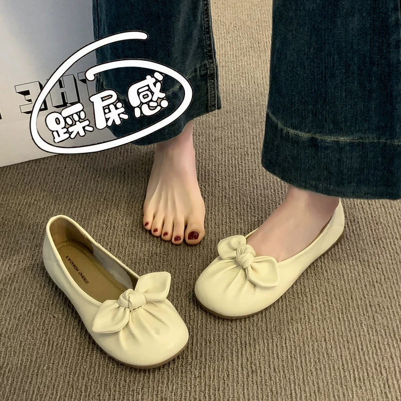 法式晚晚风单鞋女2025新款夏季孕妇防滑百搭蝴蝶结一脚蹬豆豆鞋女