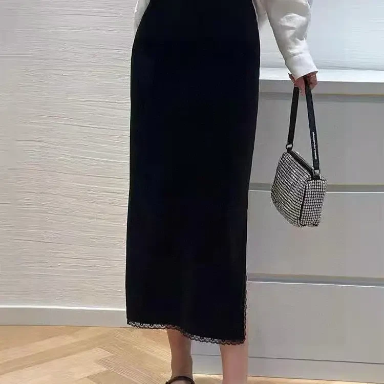 简约气质蕾丝拼接丝绒半身裙高腰显瘦包臀裙