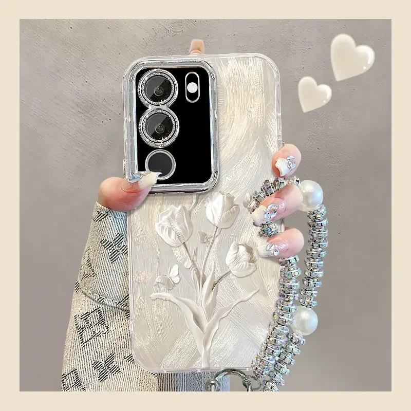 适用于VIVOS17Pro白色郁金香精孔羽纱纹创意防摔手机壳