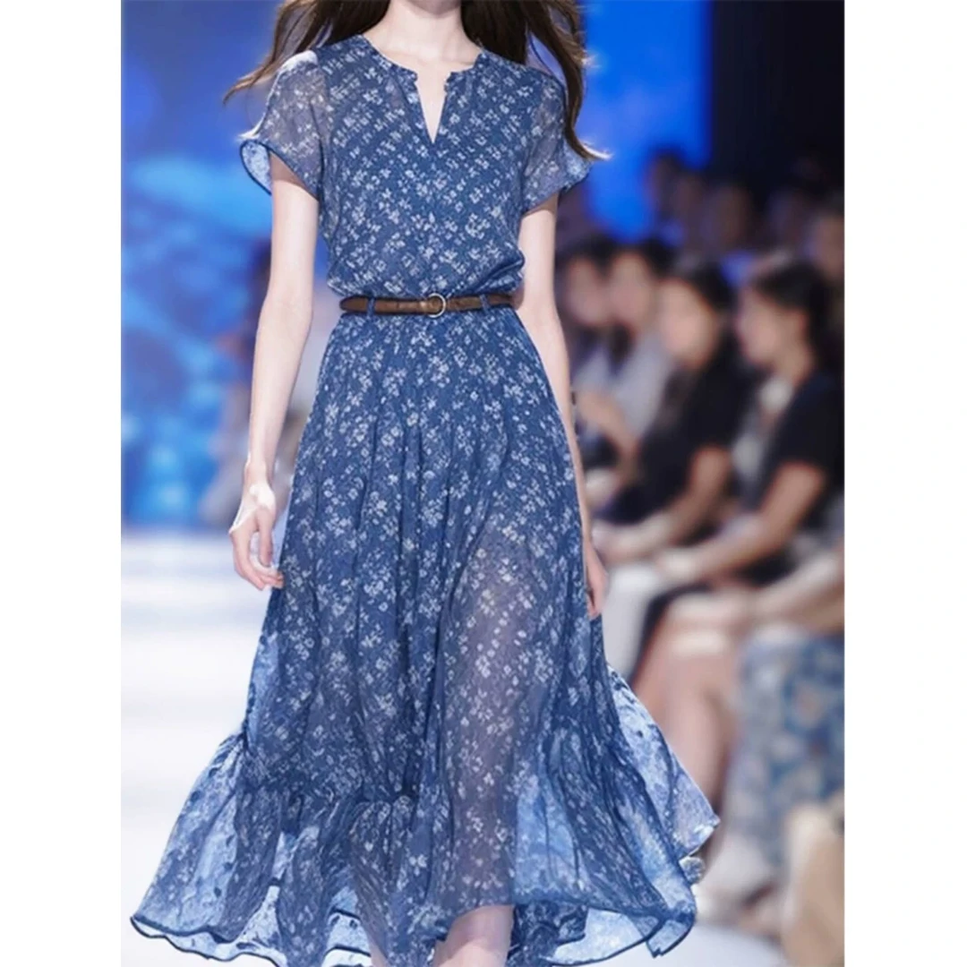 庄大气温柔风别致绝美显瘦蓝色雪纺连衣裙子女夏