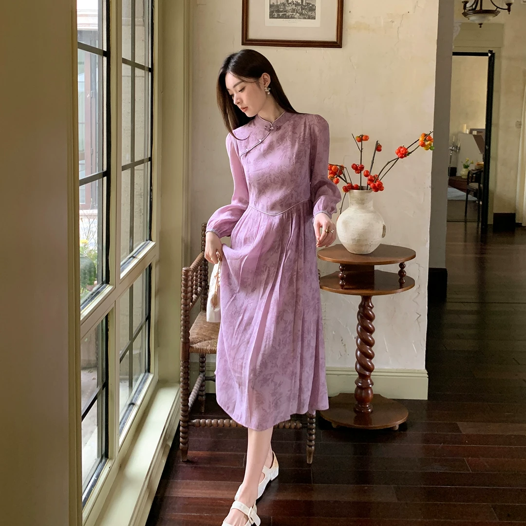 GERTCOREL2025新款春秋季高端气质浅紫色收腰显白长袖连衣裙女装