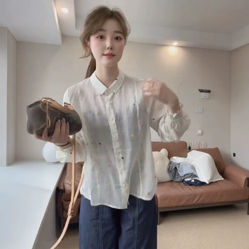 高级感刺绣亚麻衬衫女2025夏季新款设计感今年流行防晒衣衬衣上衣