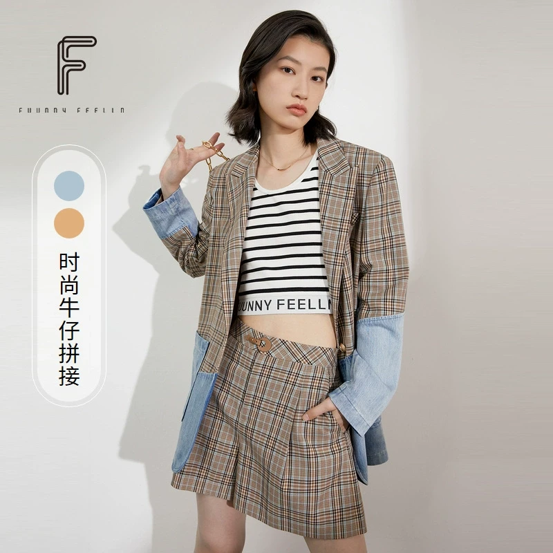 仿佛西装外套女牛仔撞色高级时尚气质千鸟格休闲春季FA00270套装
