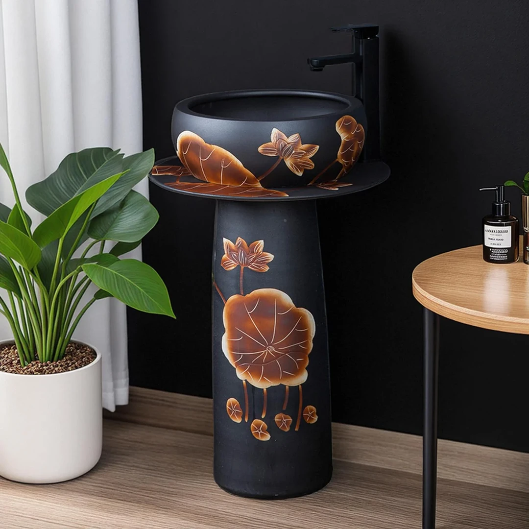 复古陶瓷立柱盆艺术立柱式洗脸盆阳台洗手盆户外一体落地台盆