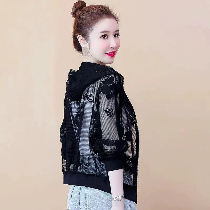 品牌折扣新款外贸专柜女装清仓大码蕾丝透明薄款连帽短款衣女