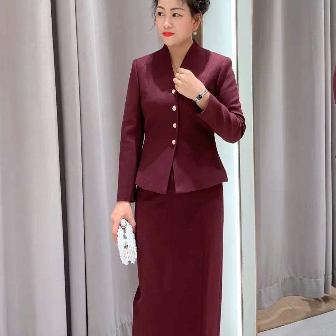 时尚高端新款长袖紫红色气质显瘦女装秋冬礼裙套装