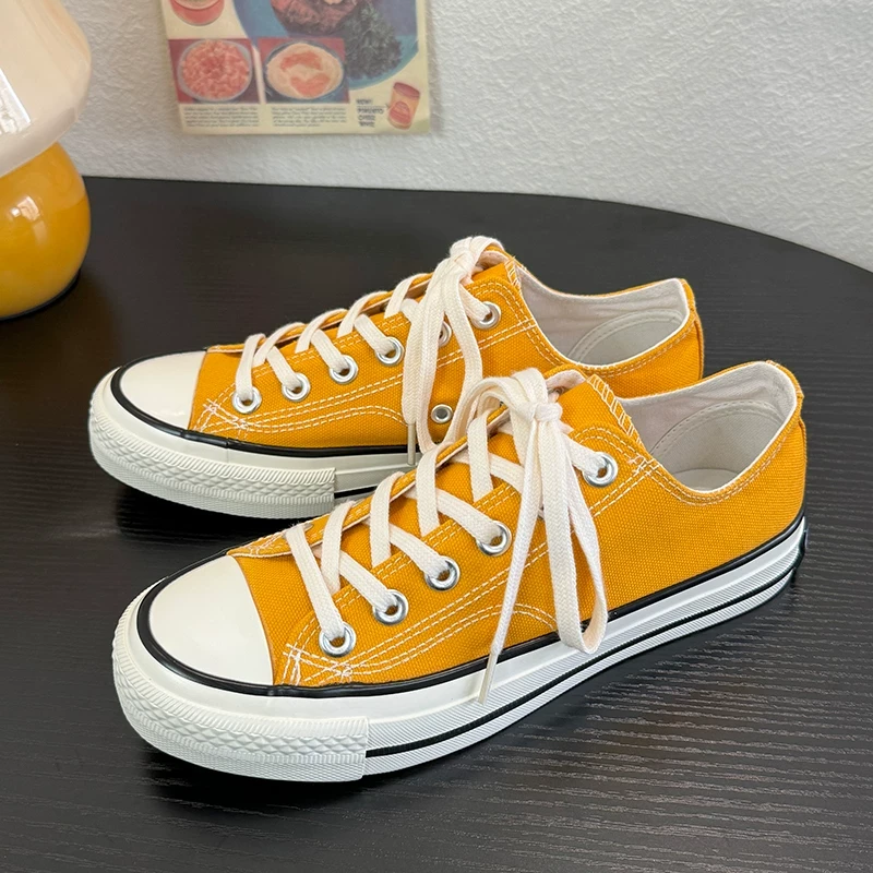 姜黄色情侣低帮百搭学院韩版男女同款日常港风休闲帆布鞋