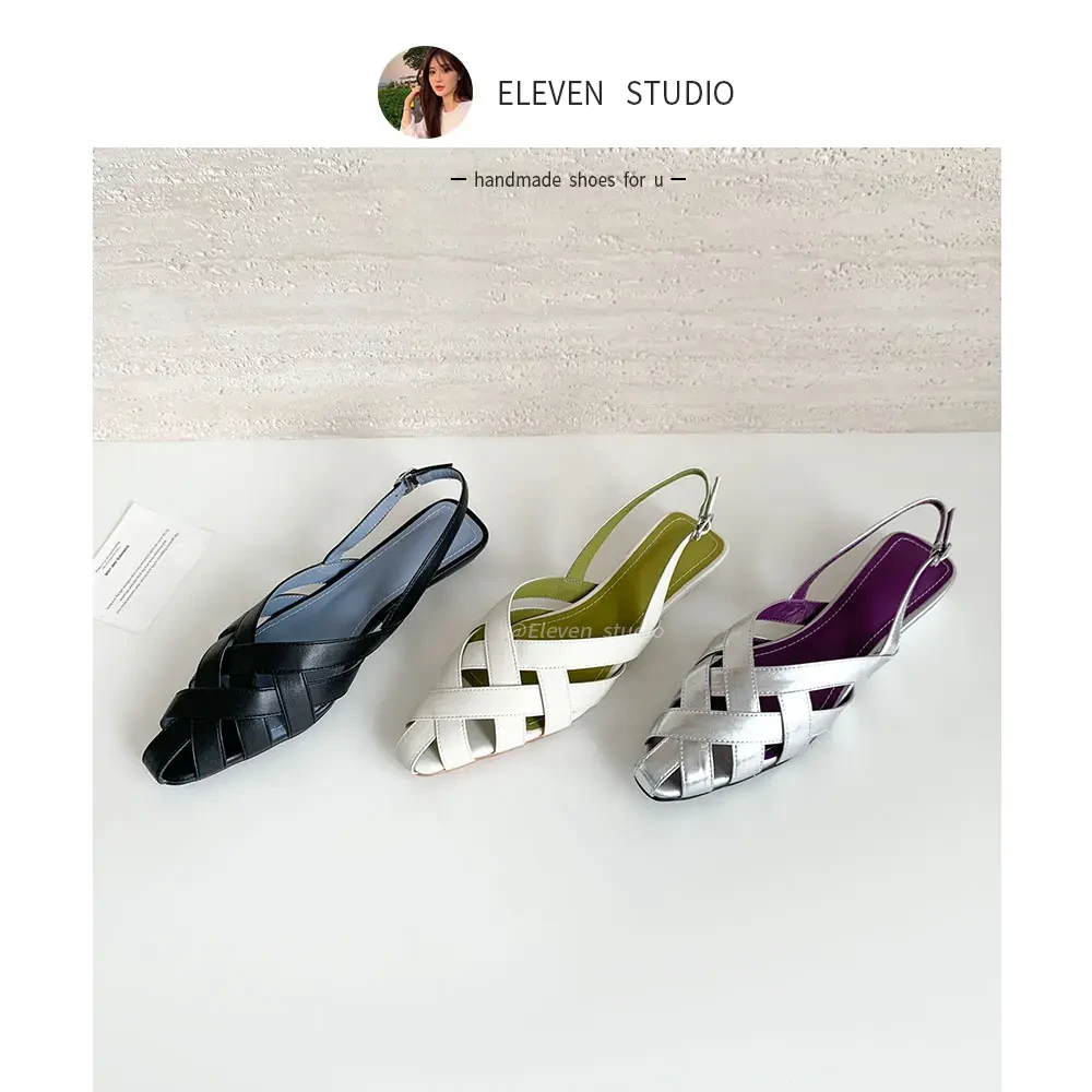 【王11】手工编织镂空包头凉鞋女尖头粗跟单鞋真皮罗马鞋3CM/廊前