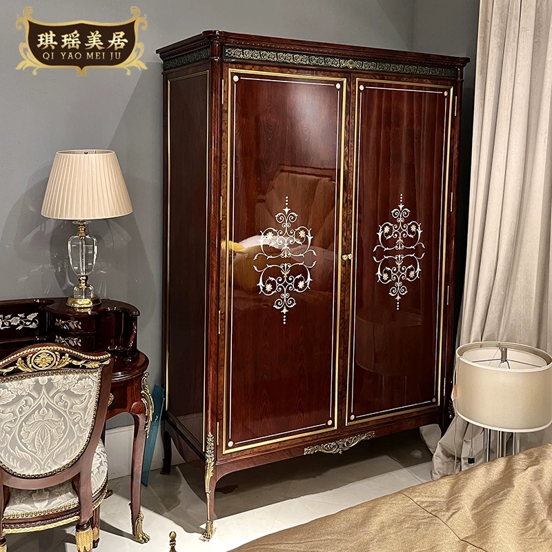 琪瑶美居英式桃花心实木贝壳拼花整装衣柜欧式别墅古典卧室收纳柜