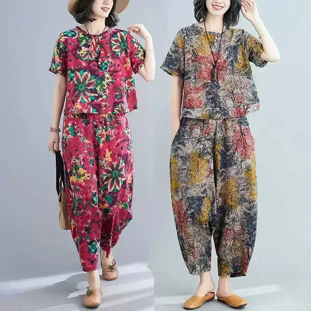 棉麻套装女夏季新款复古印花短袖上衣宽松大码休闲哈伦裤两件套潮