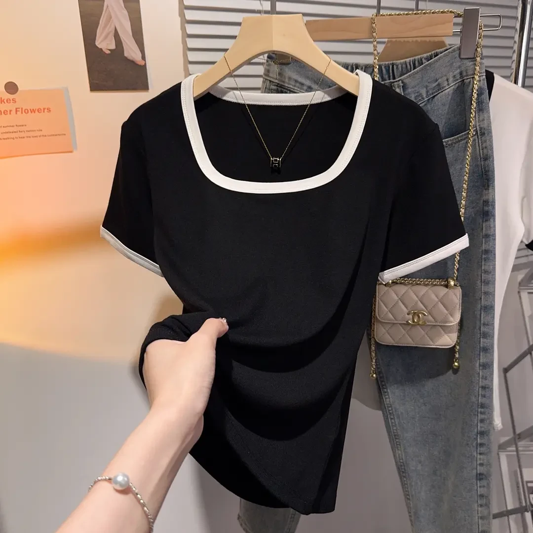 2025新款撞色T恤显瘦洋气夏季韩版修身设计感时尚百搭拼接上衣女