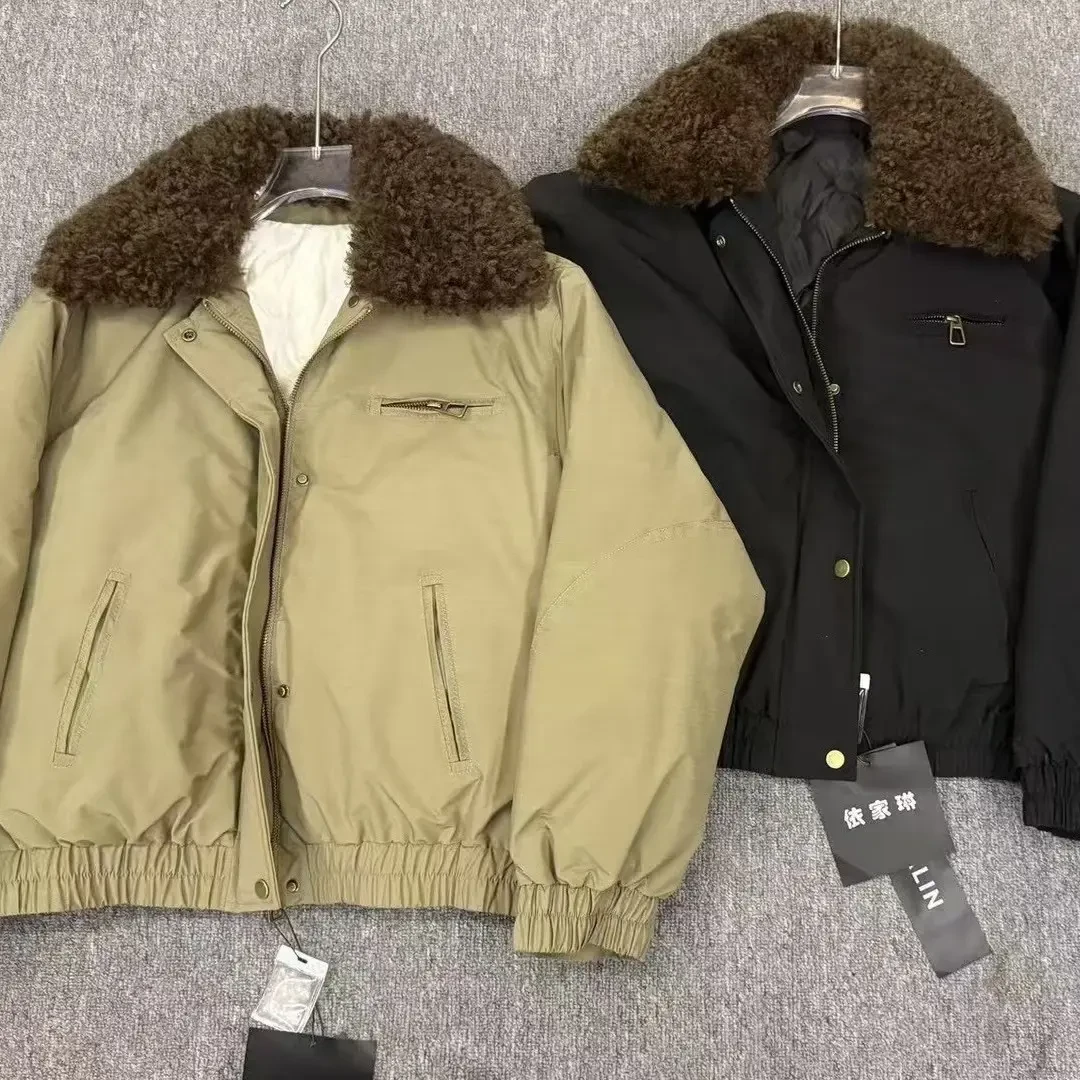 【香巧】山羊绒毛领皮饰3M宽松韩版短款飞行羽绒服夹克