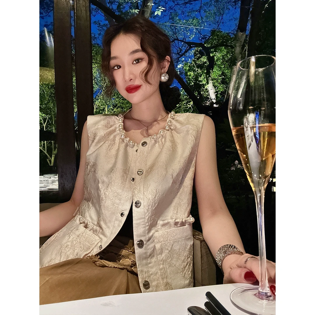 三吉黑花【破晓】真丝抽皱醋酸珍珠中式小马甲时髦洋气2025新款