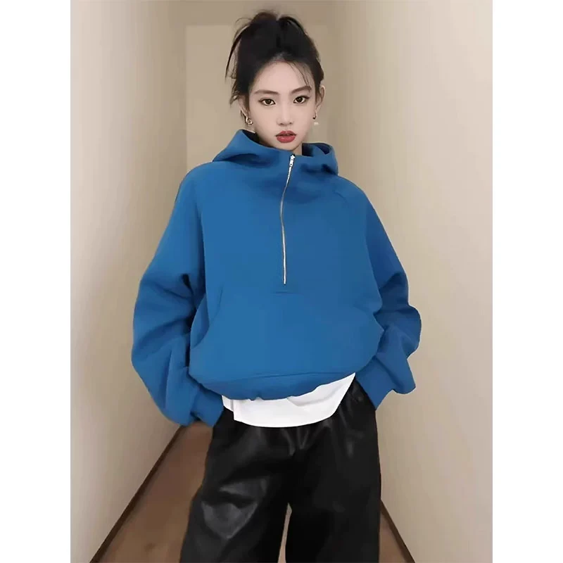 半拉链连帽卫衣女2025年春季新款美式蓝色帽衫小个子休闲短款上衣