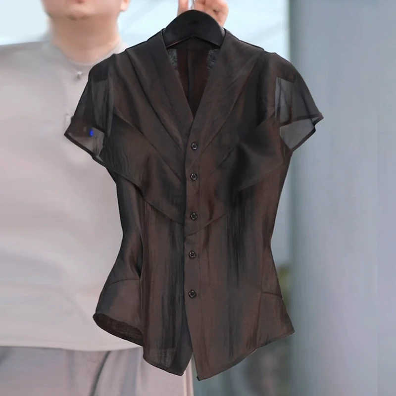 荷叶边醋酸v领衬衫女士2025夏季洋气减龄收腰设计感显瘦短袖上衣