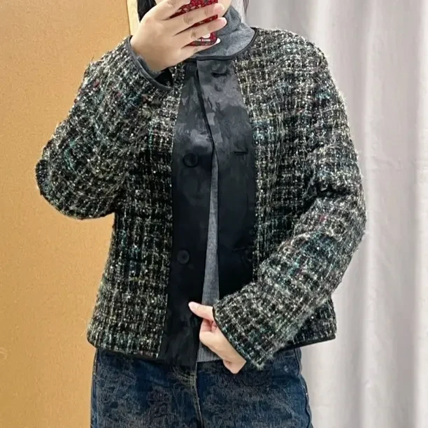 Kin.轻奢服饰新款欧货亮丝编织小流苏格纹拼门禁新中式款小香外套