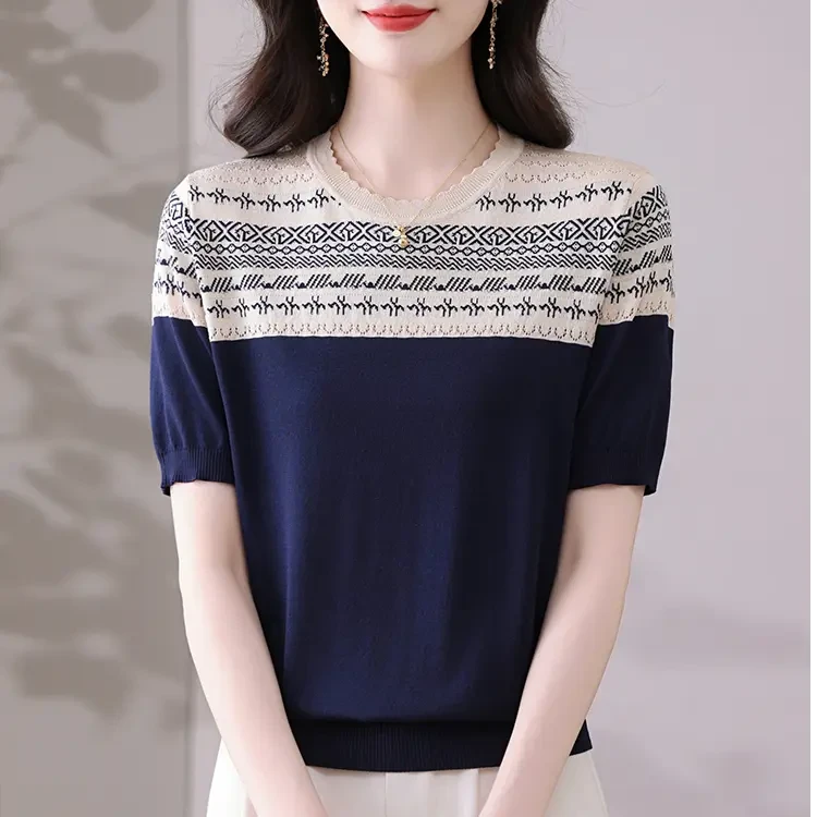 新款夏季轻盈莱赛尔宽松拼色显瘦时尚减龄短袖百搭圆领洋气针织衫