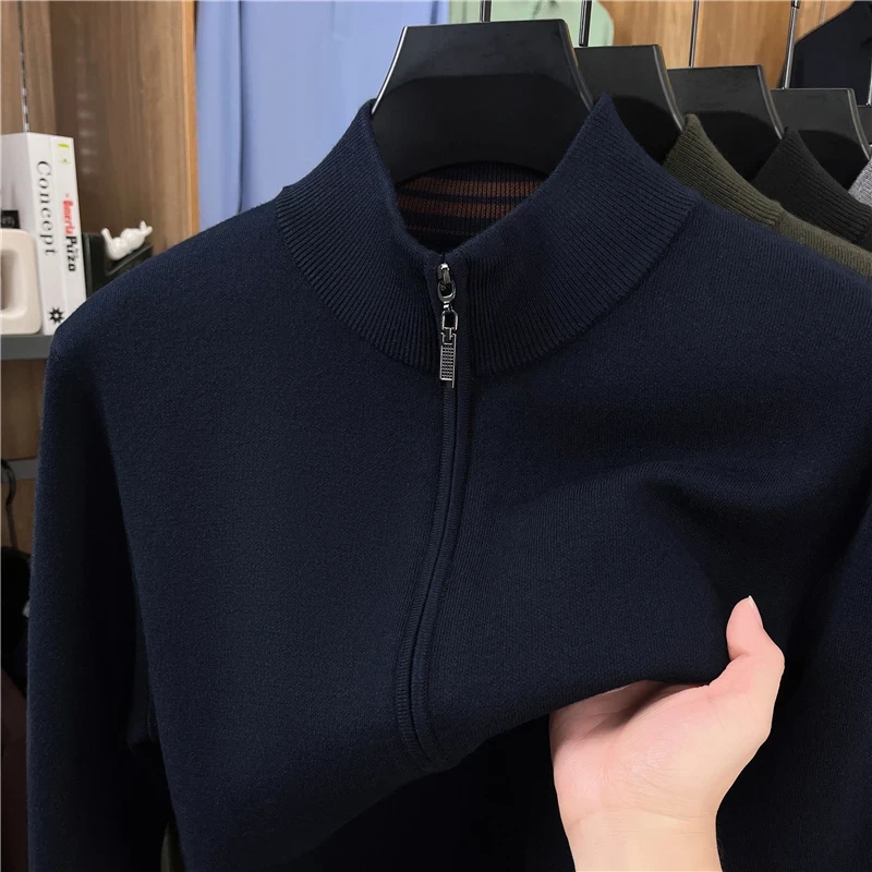 秋冬【可机洗】550克百搭精纺羊毛男士半高领立领拉链针织开衫外套