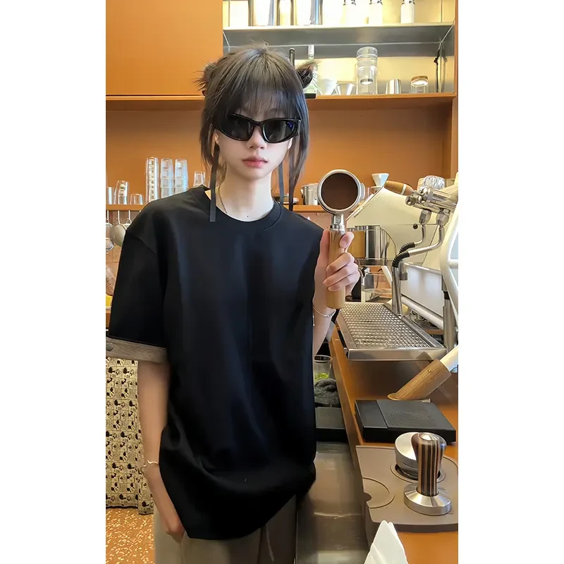 【707】Ocli威尔士亲王千鸟格袖口短袖T恤男夏季四合扣情侣正肩半袖