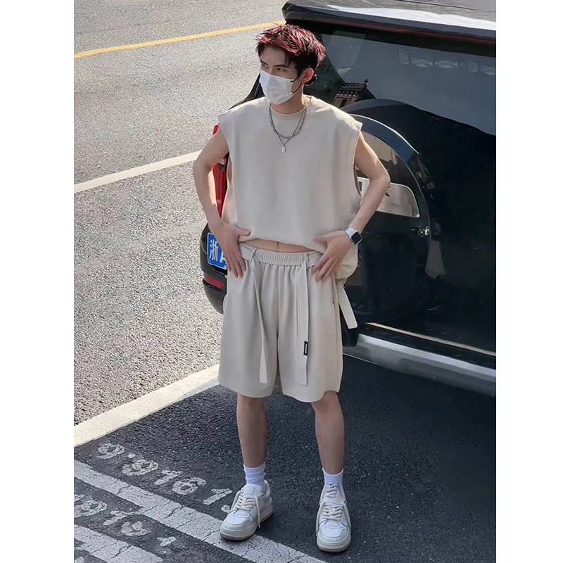 纯色简约薄款飘带短裤男款夏季vibe美式潮牌高街背心休闲运动套装