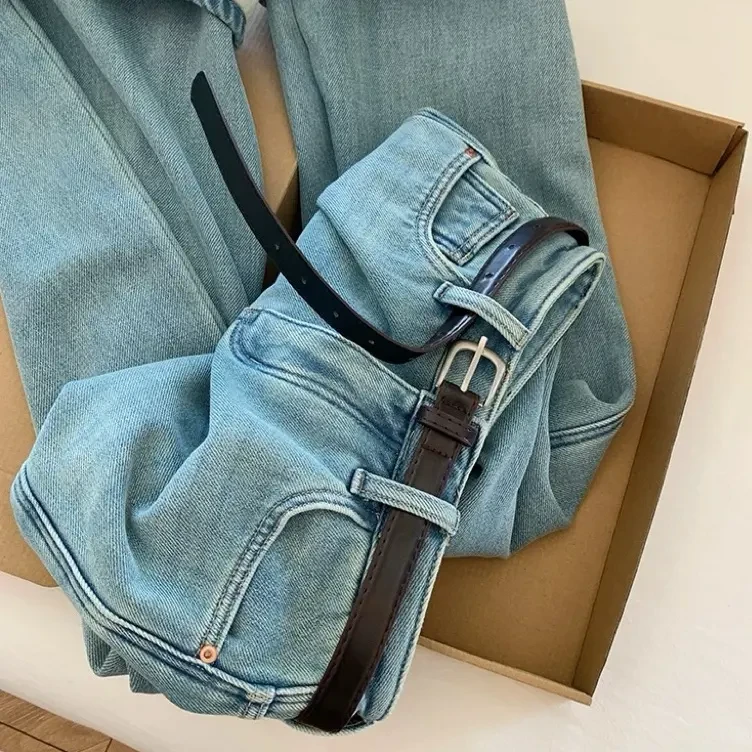 28320欧货高弹浅蓝色加绒高腰牛仔裤女冬直筒裤牛仔裤1225裤长98