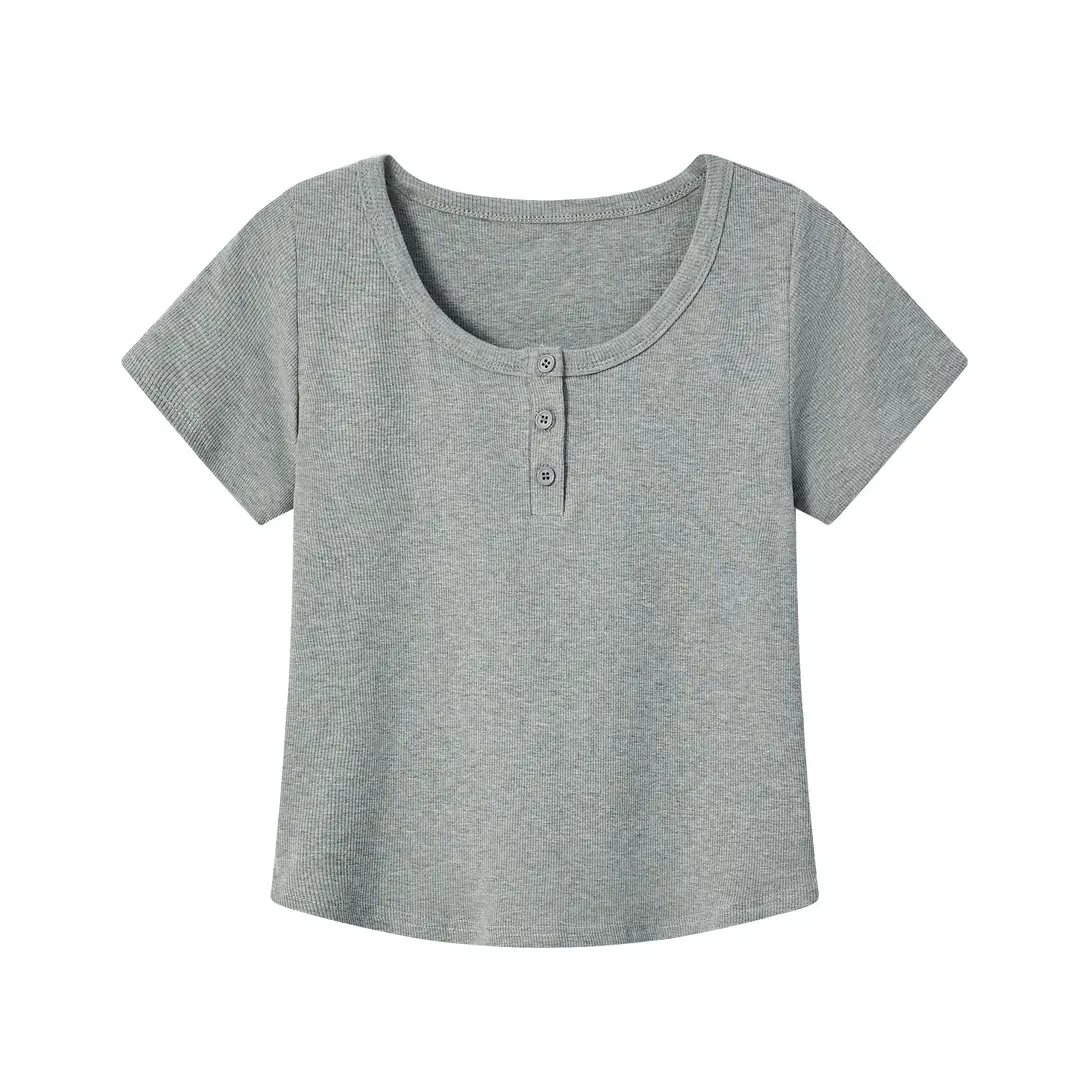 2025夏季新款短袖女显瘦时尚百搭短款修身纯色纽扣上衣T恤女
