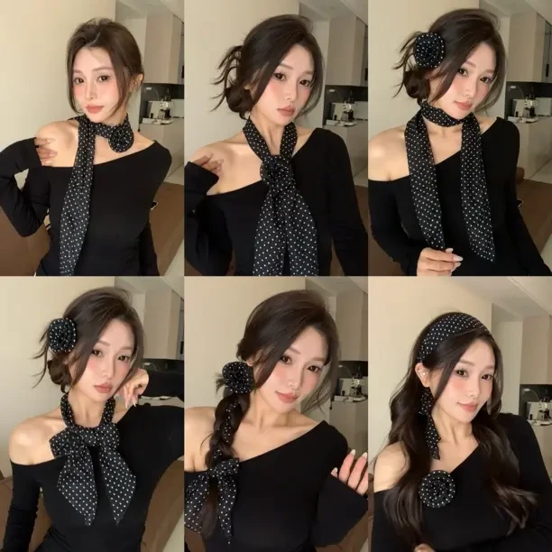 多种用法波点花朵丝巾轻奢高级感韩系围脖发带百搭时尚感复古