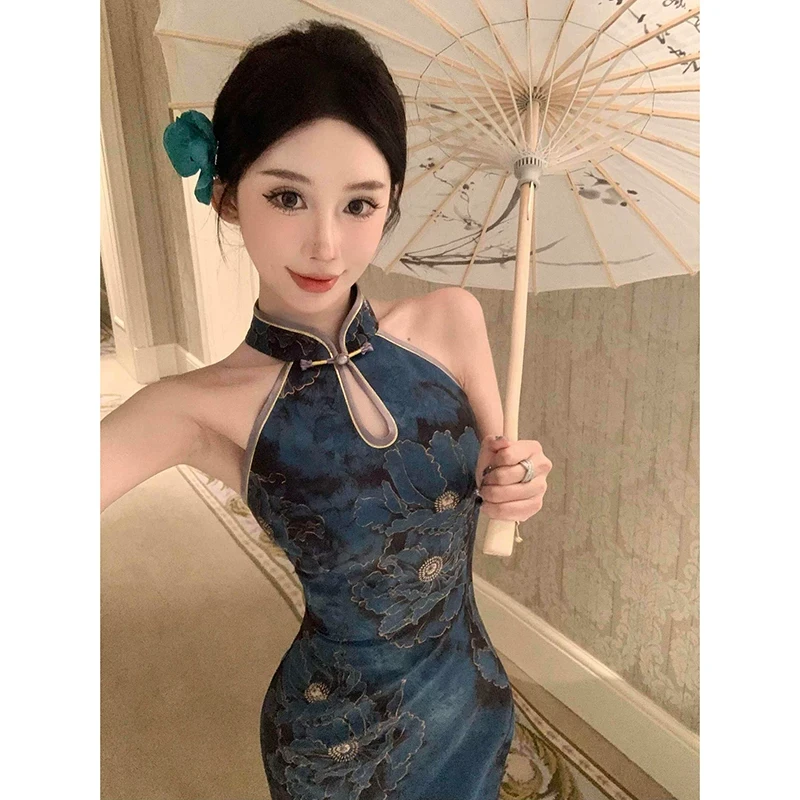 印花国风复古新中式旗袍改良连衣裙夏季性感辣妹身材收腰包臀裙