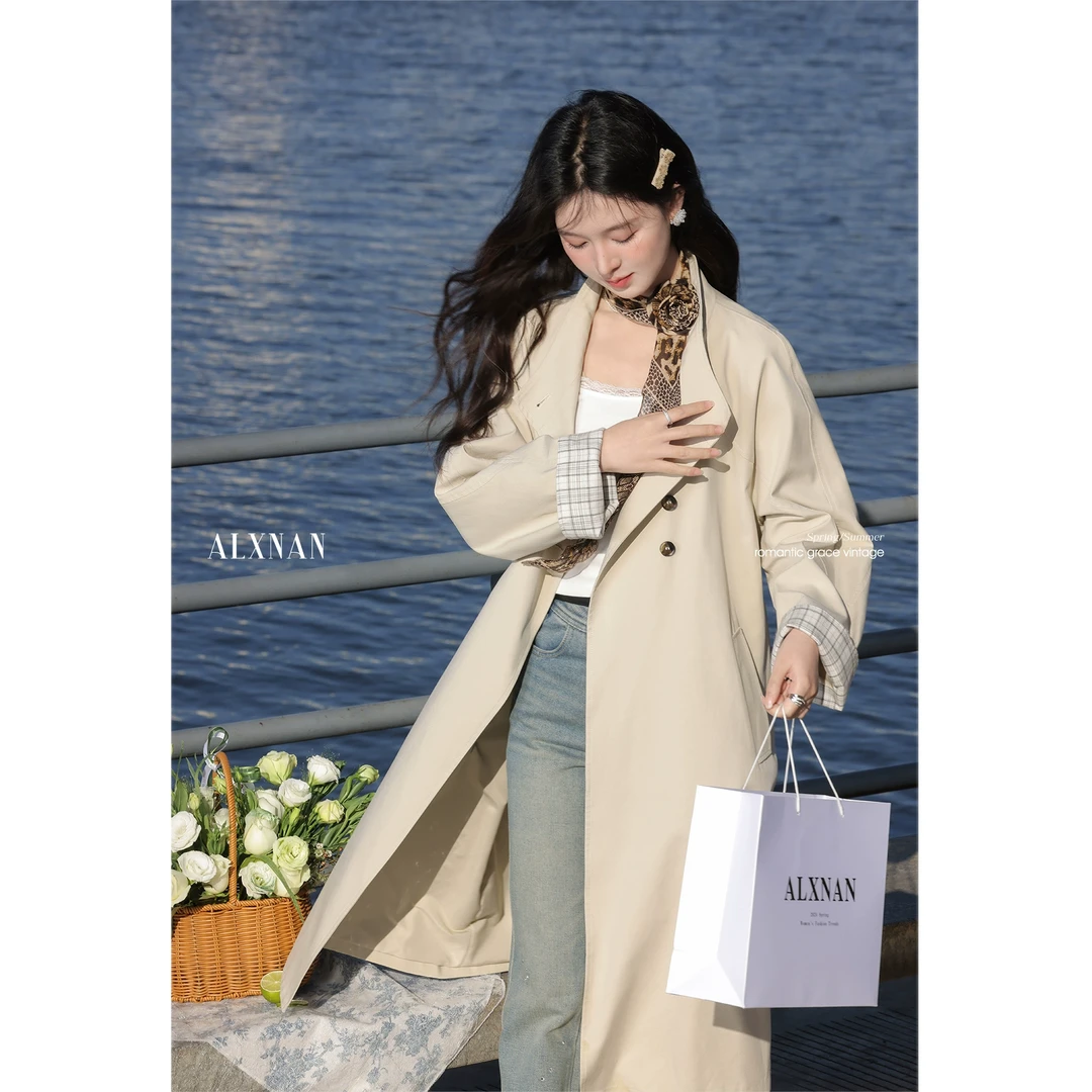 鹿向南「」气质收腰中长款风衣外套白色女2025年春季新款L52872