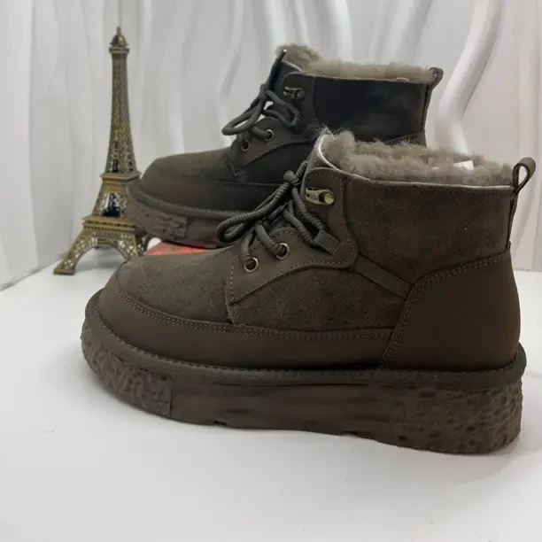 底厚4公分牛皮磨砂皮毛一体羊毛系带雪地靴潮流风时尚雪地靴