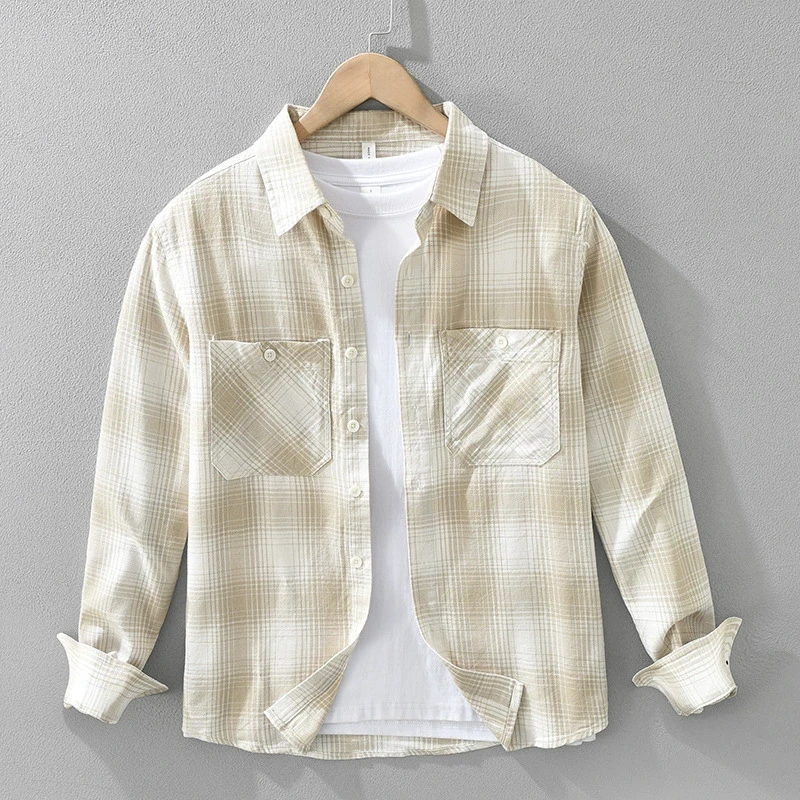 文艺格子长袖衬衫男士时尚百搭休闲宽松上衣男装7573