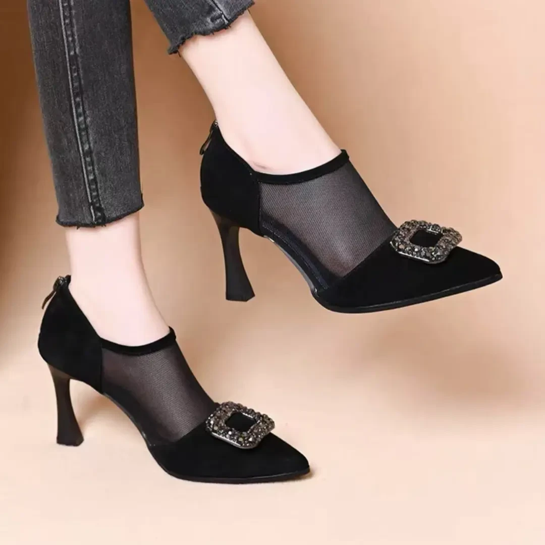 2025新款镂空真皮夏季高跟鞋细跟时尚水钻尖头浅口气质百搭单鞋4