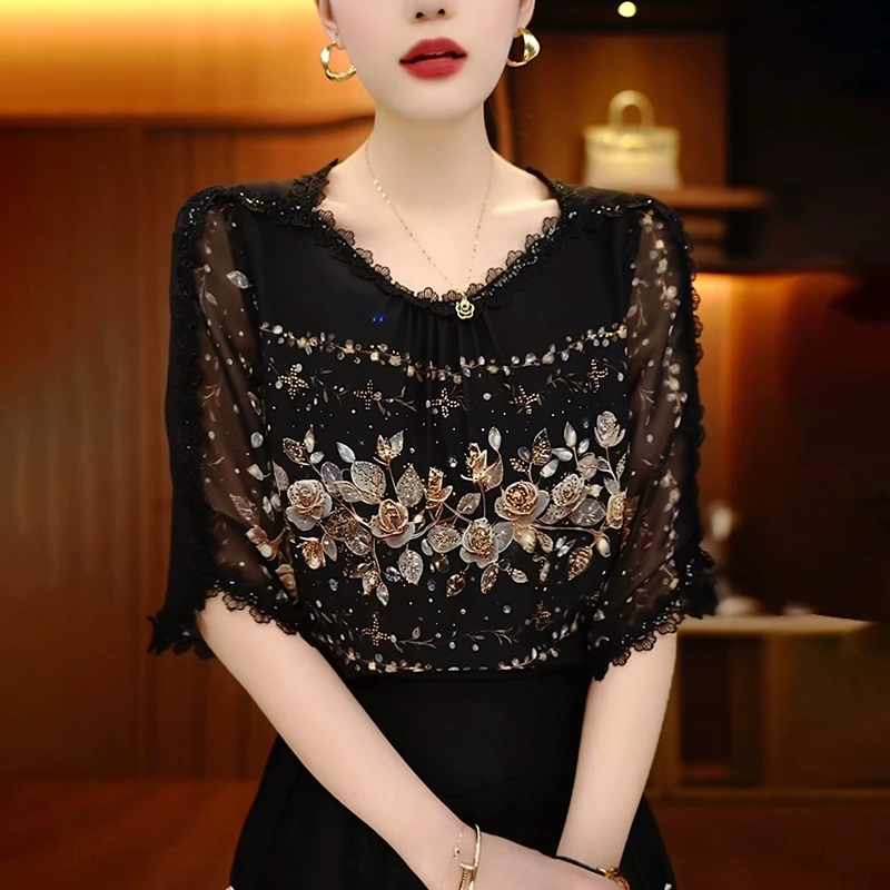 轻奢雪纺衫女夏季2025洋气减龄宽松遮肚子显瘦高端小衫特别致上衣