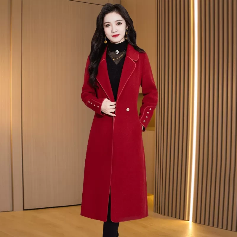 红色喜婆婆双面羊毛大衣女秋冬2025新款贵夫人高端中长款毛呢外套