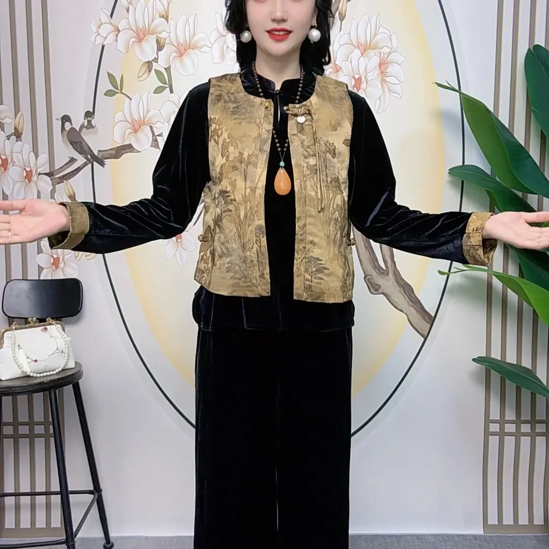 新中式中老年妈妈春秋装金丝绒气质马甲上衣裤子套装