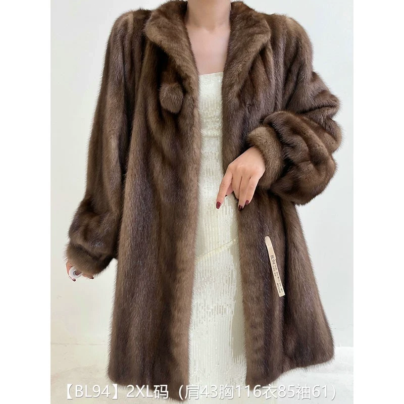 【BL94】2XL码 冷茶棕全抽中长款貂皮大衣皮草外套 翻领泡泡袖