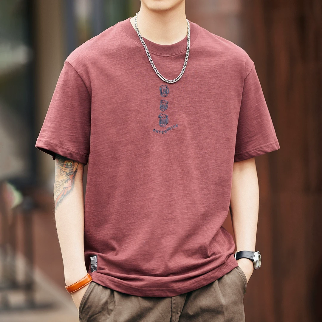 格蓝鹿美式230g重磅竹节棉短袖T恤男夏季潮牌宽松大码体恤上衣男